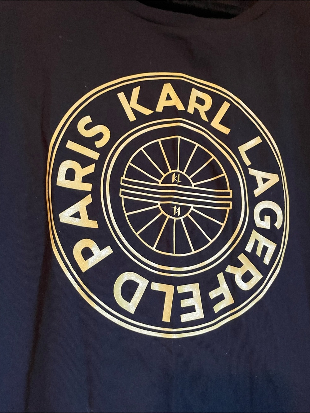 NWT Karl Lagerfeld Sz Large Women’s Black Gold Graphic Logo T-shirt Top Ret $59! - Picture 4 of 11